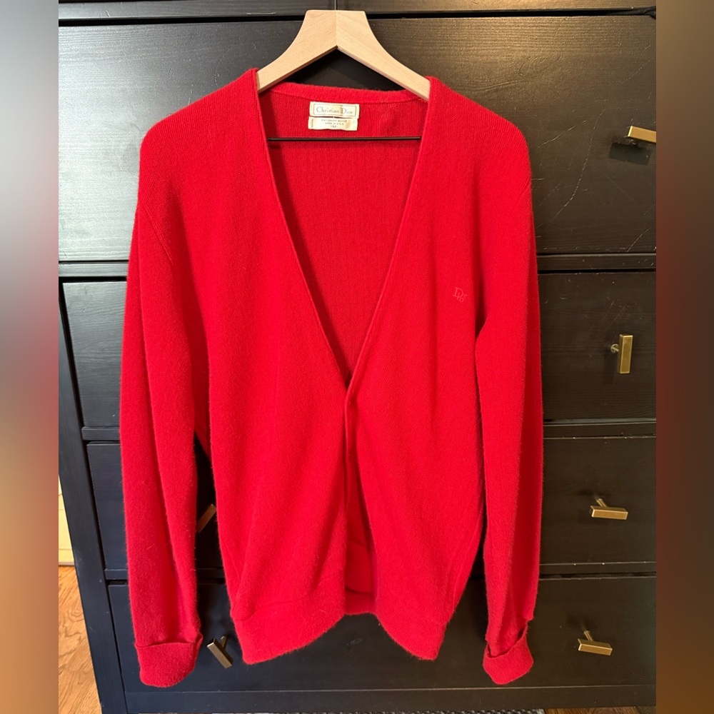 Vintage Christian Dior red button-down acrylic cardigan sweater size Medium